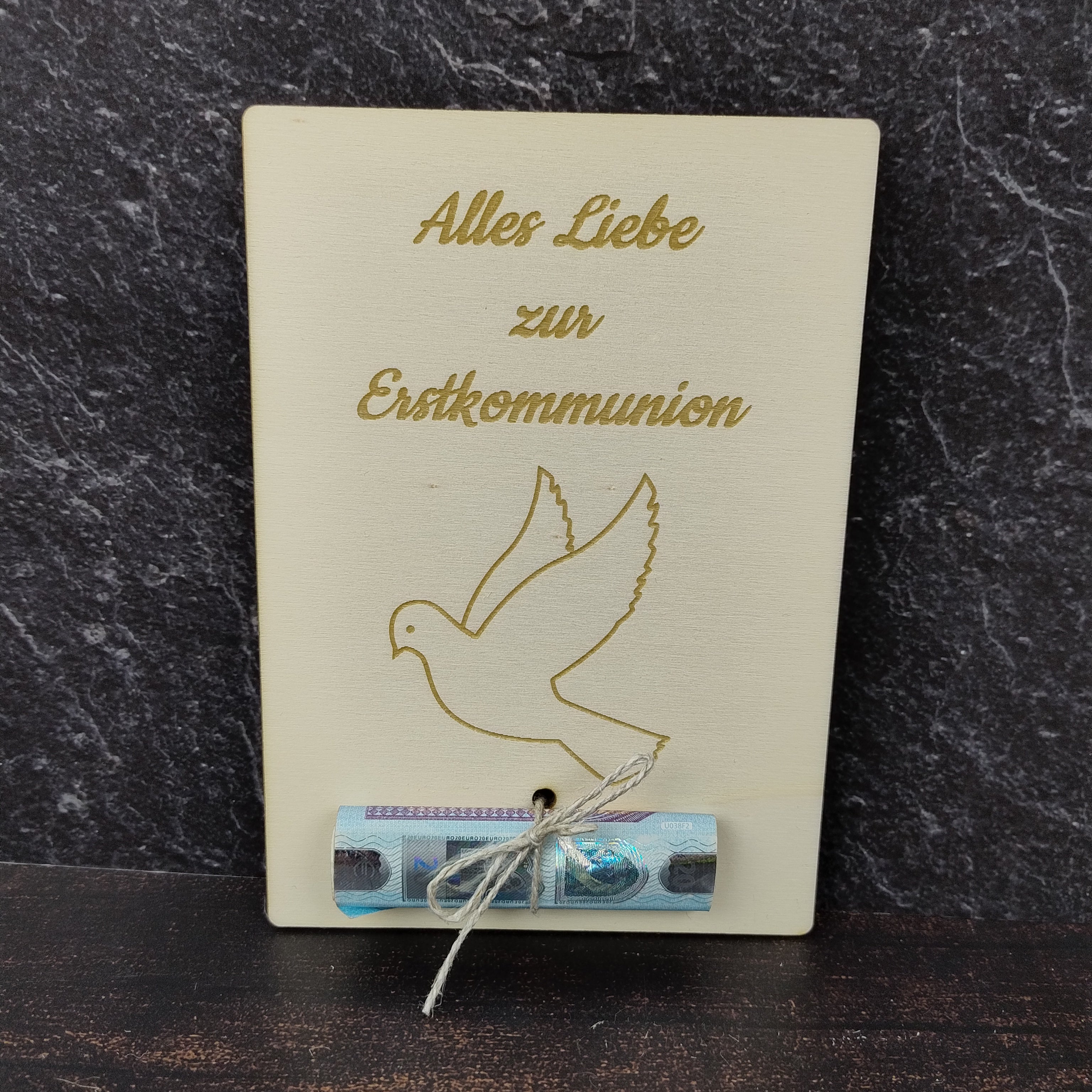 Geschenkkarte aus Holz - Alles Liebe zur Erstkommunion - Taube
