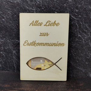 Geschenkkarte aus Holz - Alles Liebe zur Erstkommunion - Fisch