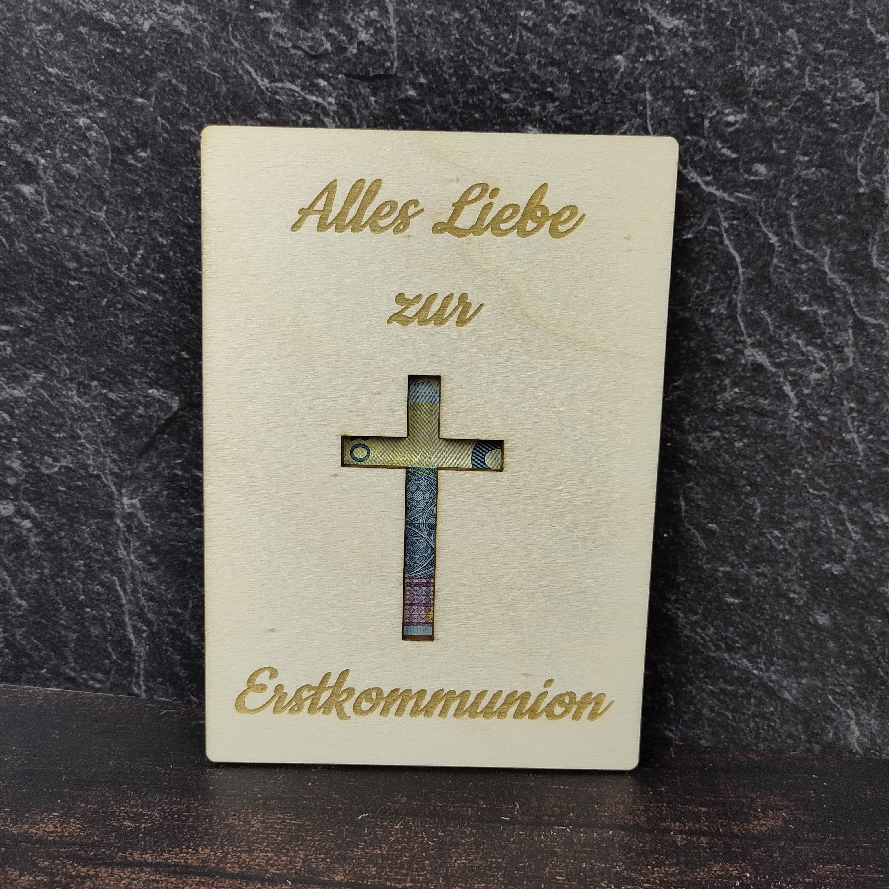 Geschenkkarte aus Holz - Alles Liebe zur Erstkommunion - Kreuz