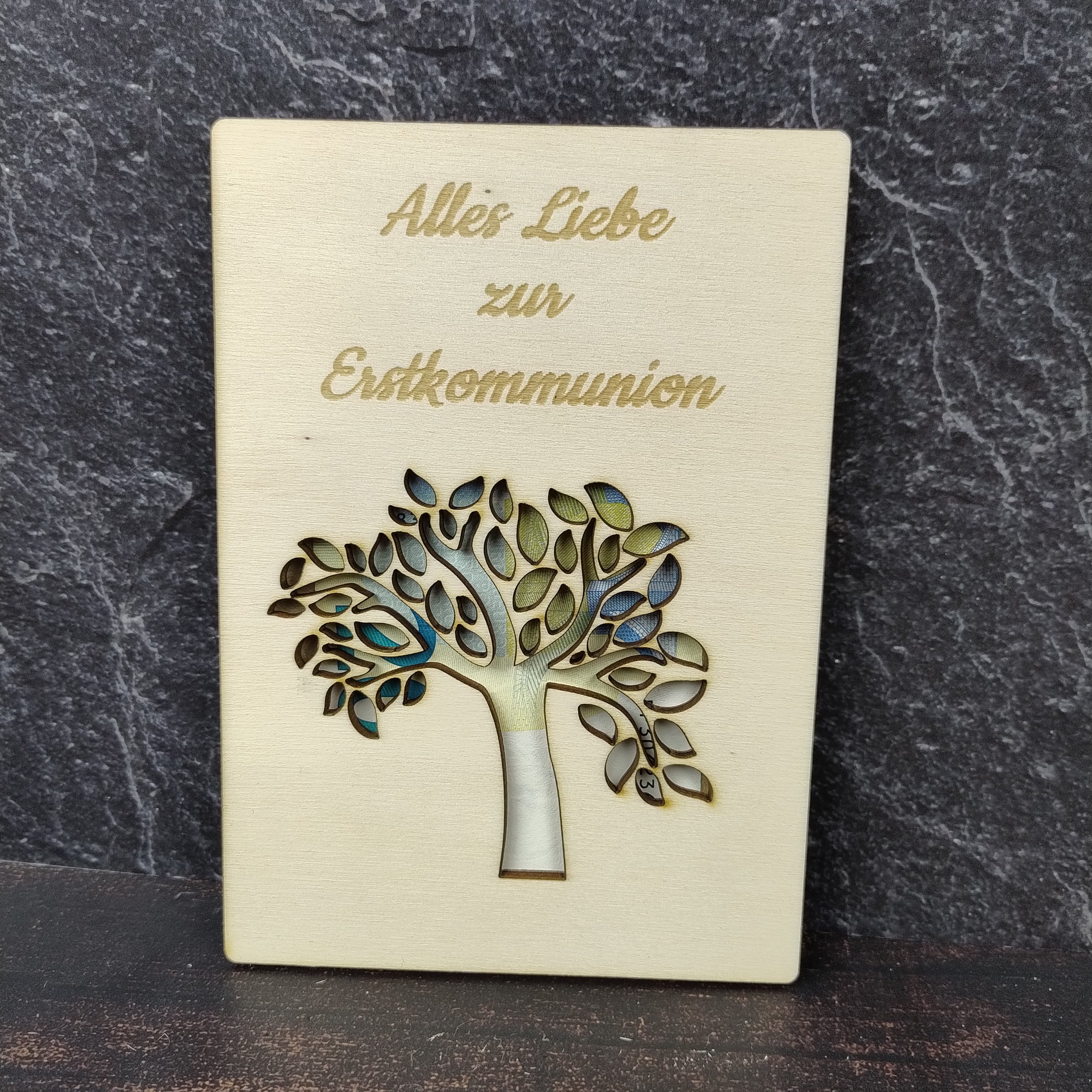 Geschenkkarte aus Holz - Alles Liebe zur Erstkommunion - Baum