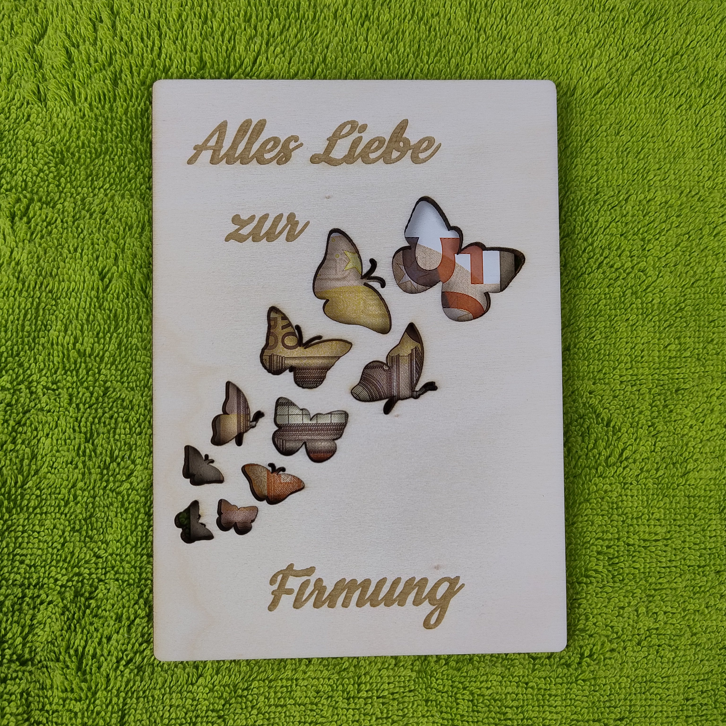 Geschenkkarte aus Holz - Alles Liebe zur Firmung - Schmetterling