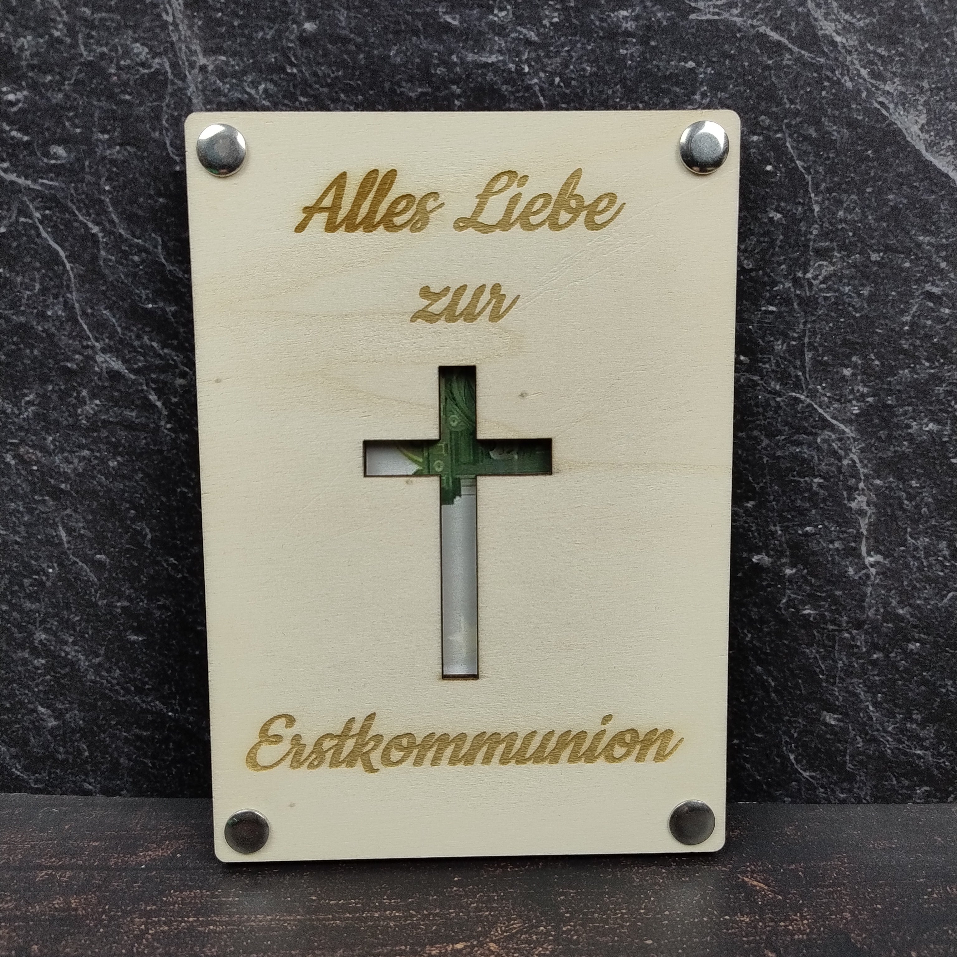 Geschenkkarte aus Holz - Alles Liebe zur Erstkommunion - Kreuz