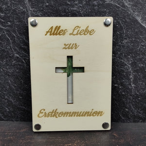 Geschenkkarte aus Holz - Alles Liebe zur Erstkommunion - Kreuz