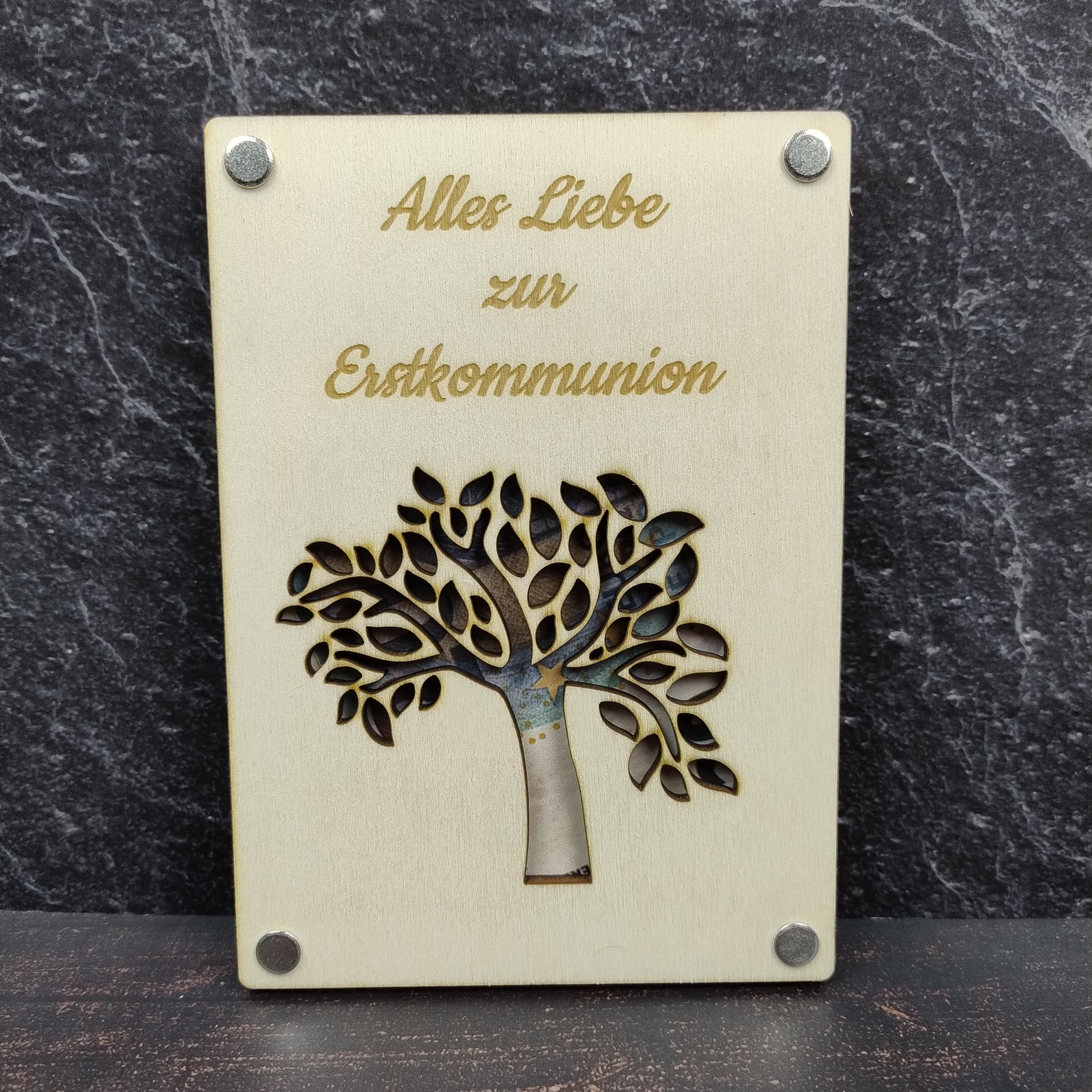 Geschenkkarte aus Holz - Alles Liebe zur Erstkommunion - Baum