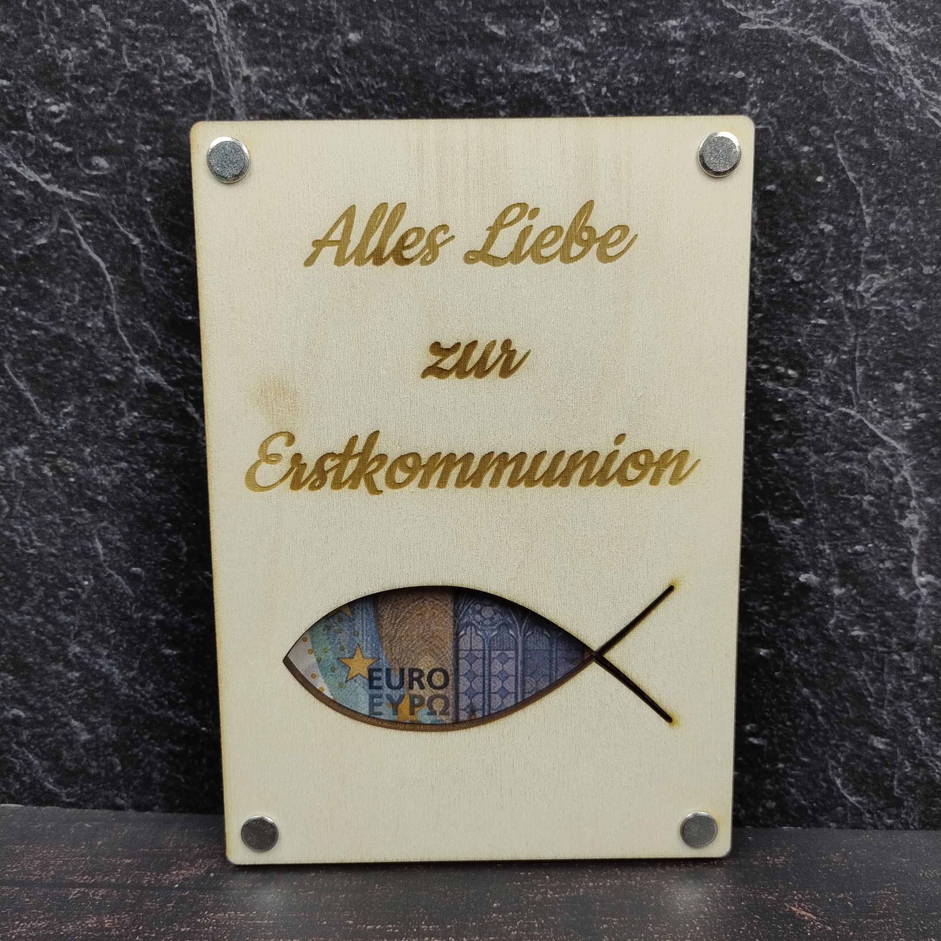 Geschenkkarte aus Holz - Alles Liebe zur Erstkommunion - Fisch
