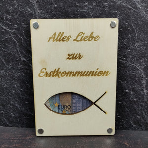 Geschenkkarte aus Holz - Alles Liebe zur Erstkommunion - Fisch